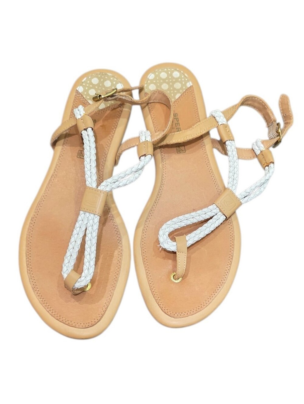 Sperry Top-Sider Women’s Tan Leather White Braided Thong Sandals Size 8.5